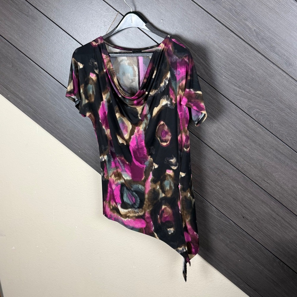 Susan Lawrence Women's S Abstract Cowl Neck Asymmetrical Hem Top Multicolor Y2K - Picture 3 of 6